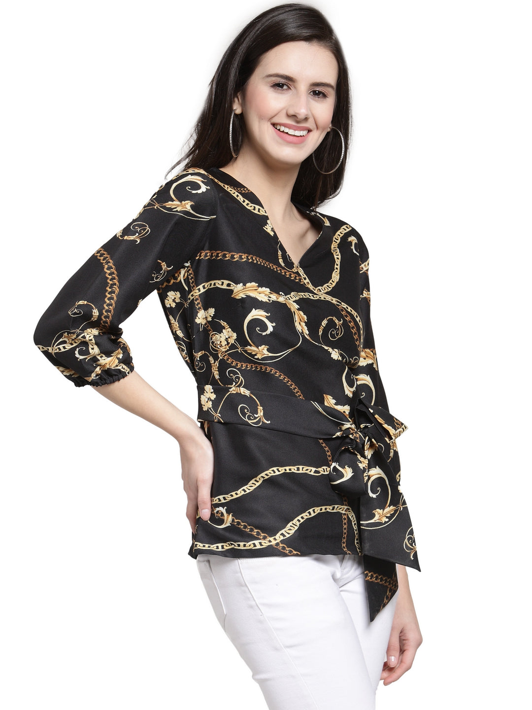 plusS Black Ethnic Motifs Cinched Waist Top