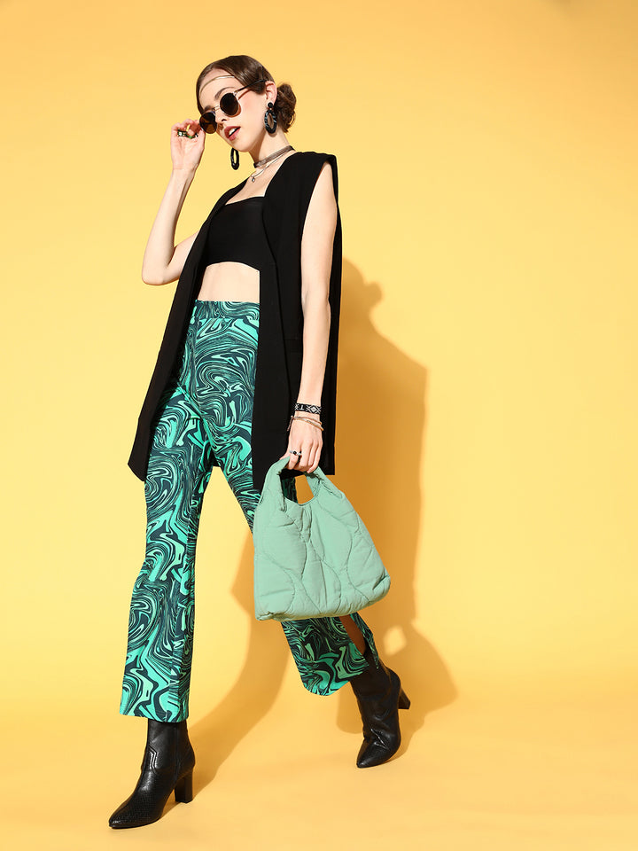 plusS Women Green Abstract Print Side-Slit Trousers