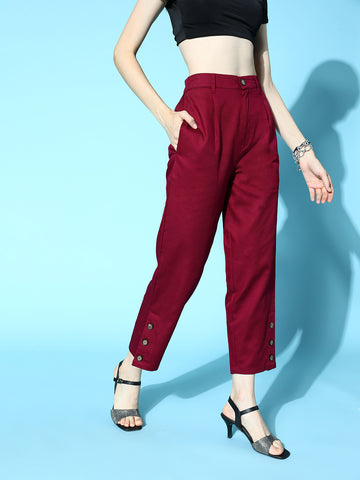 plusS Women Deep Red Solid Y2K Cargo Trousers