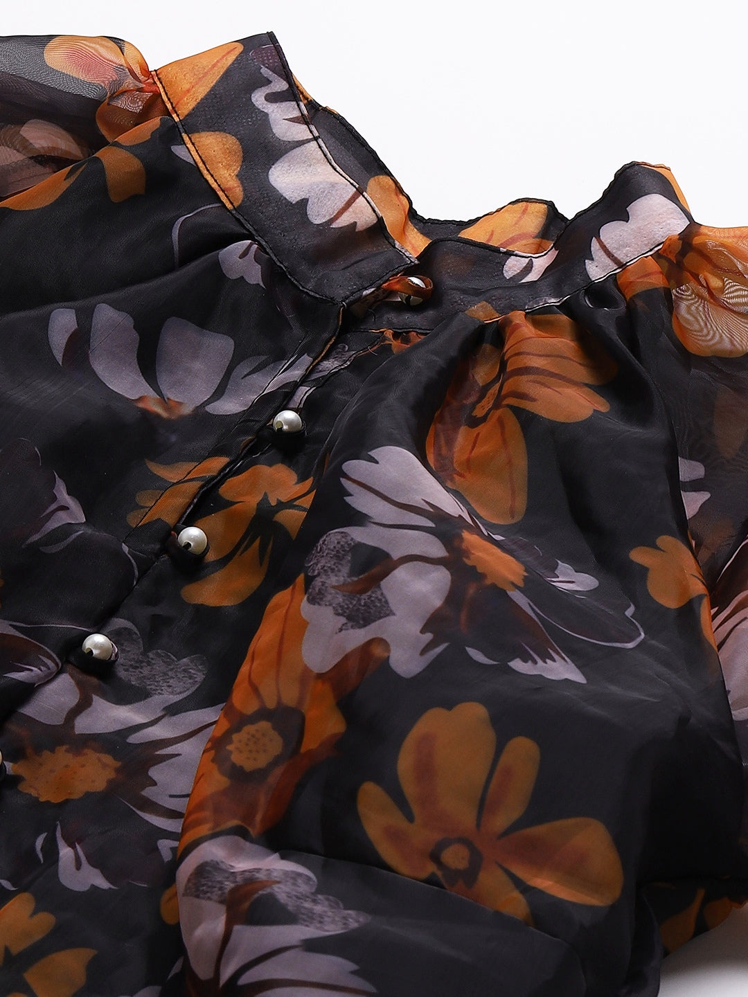 plusS Black  Orange Floral Print Mandarin Collar Top