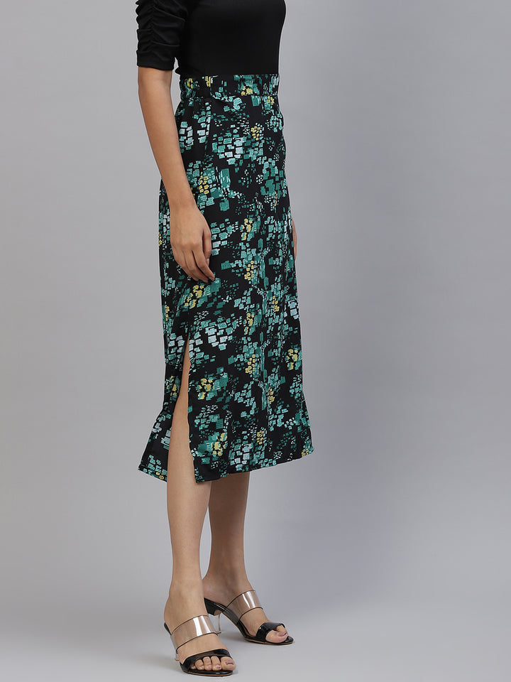 plusS Women Black  Green Floral A-Line Midi Skirt