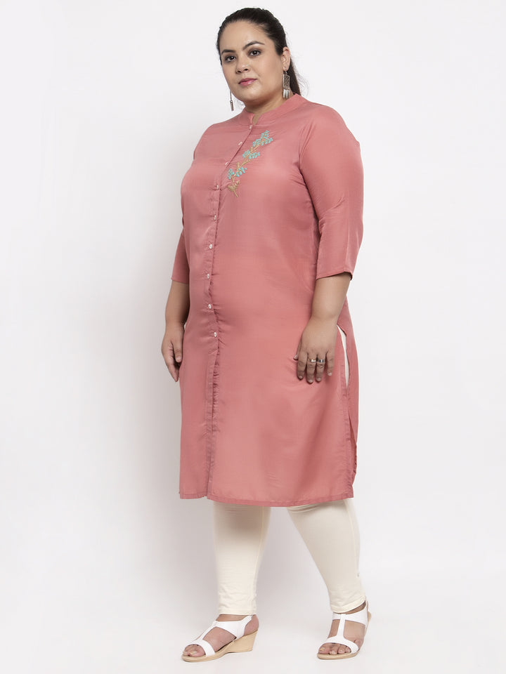 plusS Women Pink Embroidered Straight Kurta