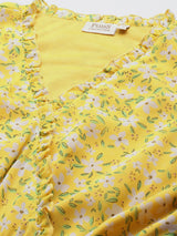 plusS Women Yellow  White Floral Printed Bell Sleeves Dress with Ruffle Detail