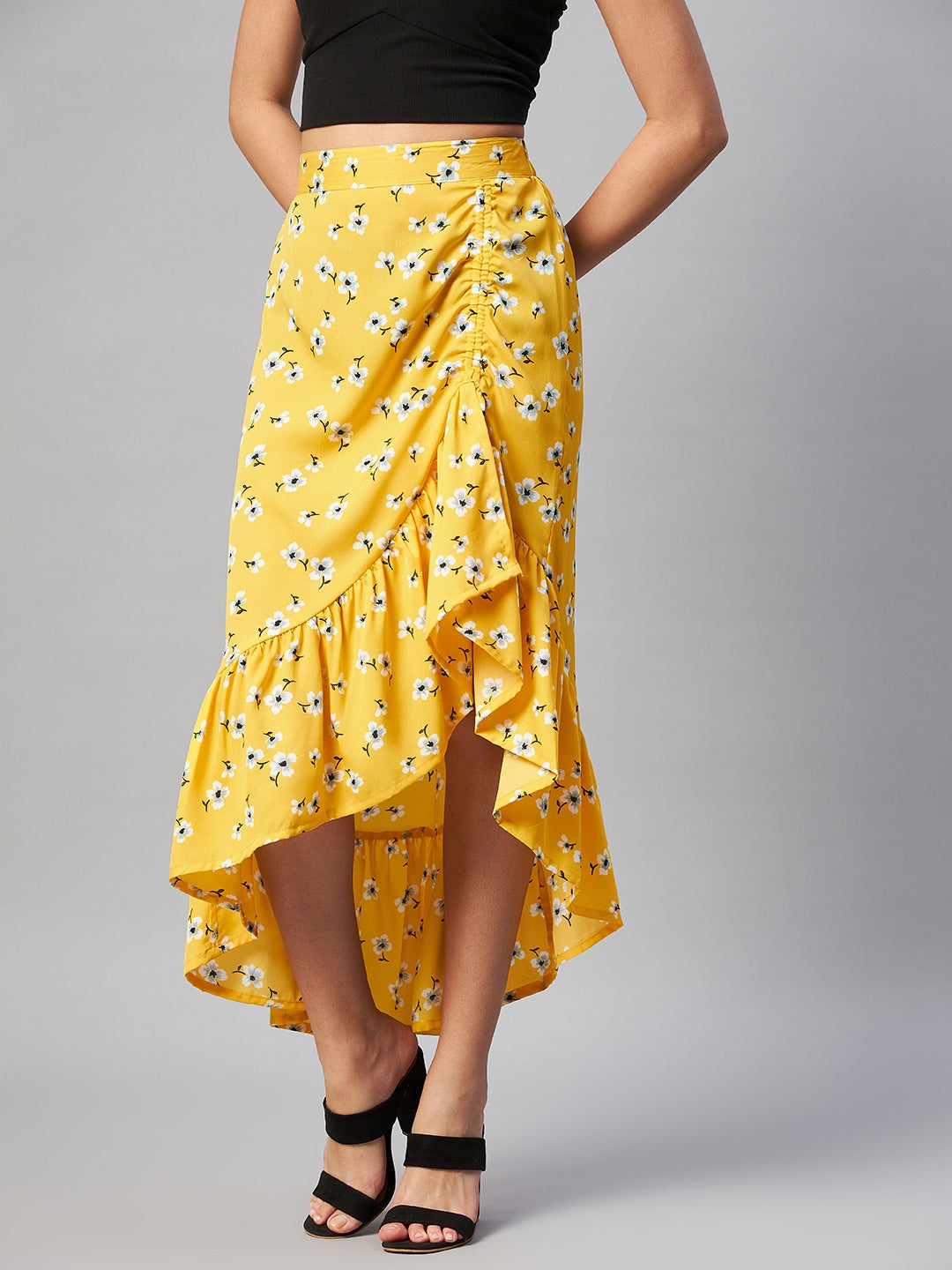 plusS Yellow  White Floral Printed Midi A-Line Skirt