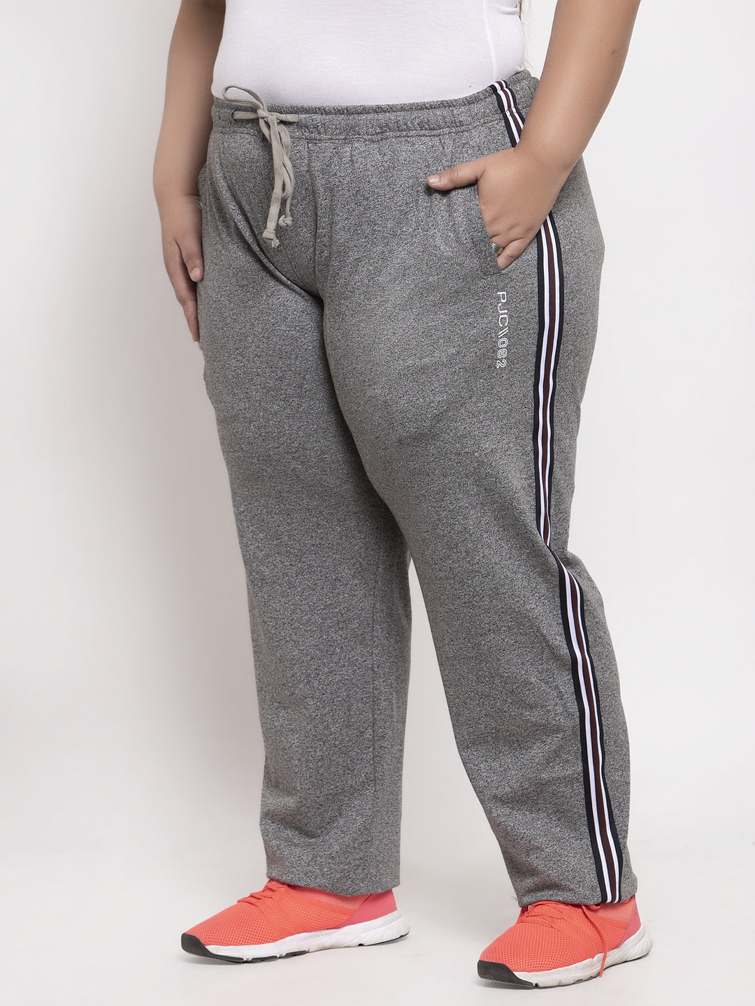 plusS Women Grey-Melange Solid Straight-Fit Track Pants