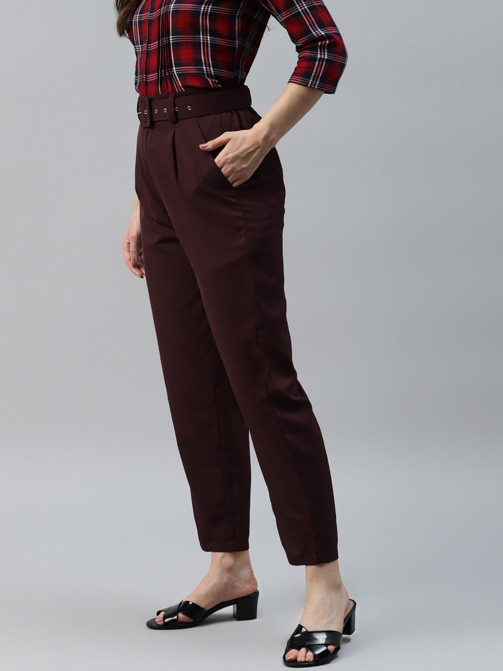 plusS Women Maroon Solid Pleated Trousers with Belt