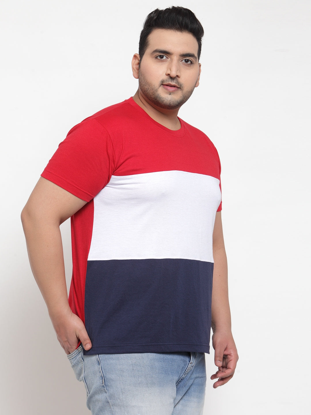 plusS Men Red  White Colourblocked Round Neck Pure Cotton T-shirt