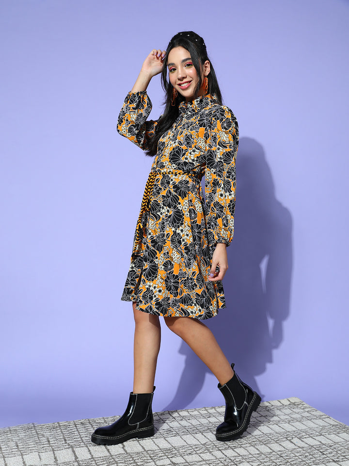 plusS Women Mustard Floral Retro Optimism Dress