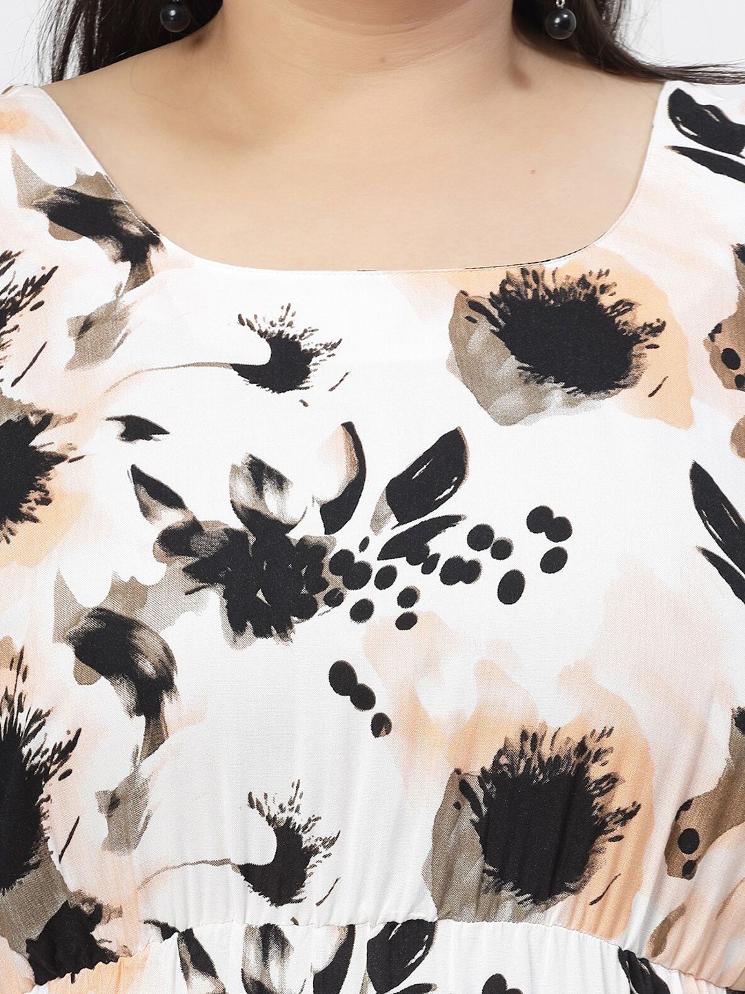 Plus Size Round Neck Long Puff Sleeves Floral Print Maxi  Dress