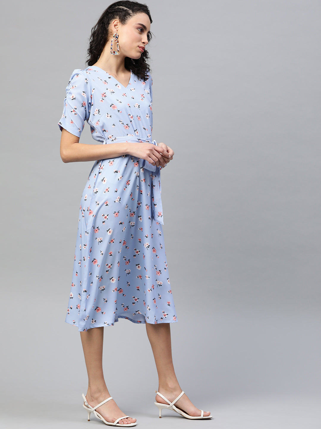 plusS Women Blue  Peach-Coloured Floral Print Midi A-Line Dress with Belt