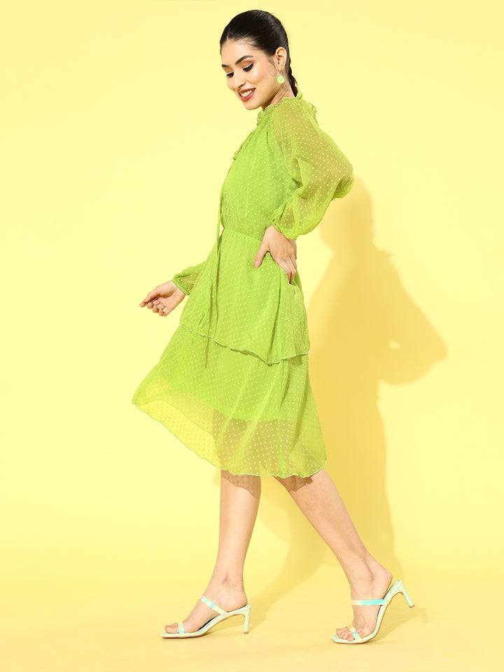 Green Self -Design Tiered Dress