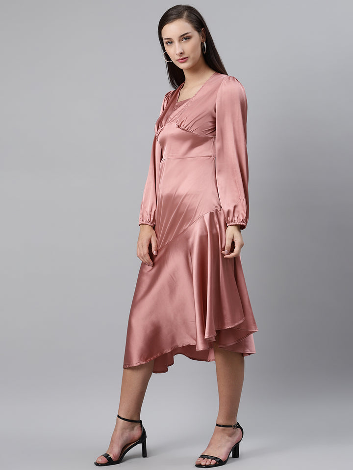 plusS Pretty Pink Pleated Solid Midi A-Line Dress