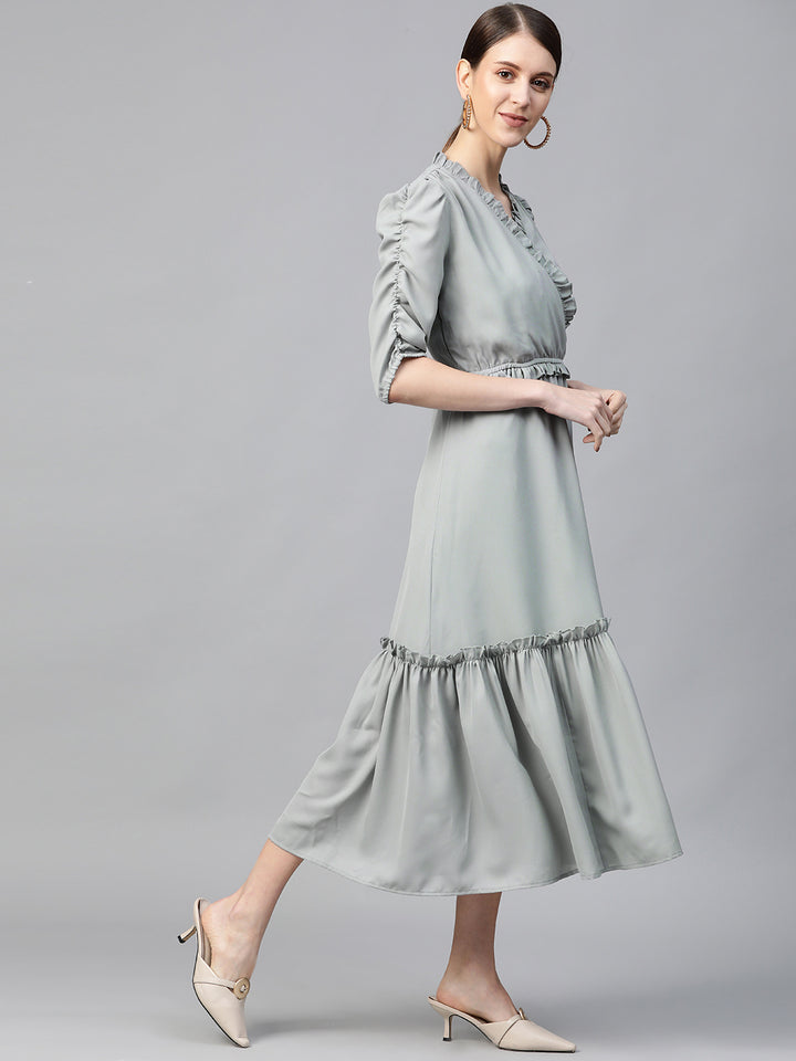 plusS Women Grey Solid Frilled Tiered Wrap Dress