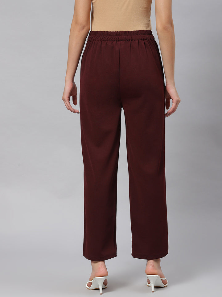 plusS Women Maroon Solid Mid-Rise Regular Fit Trousers