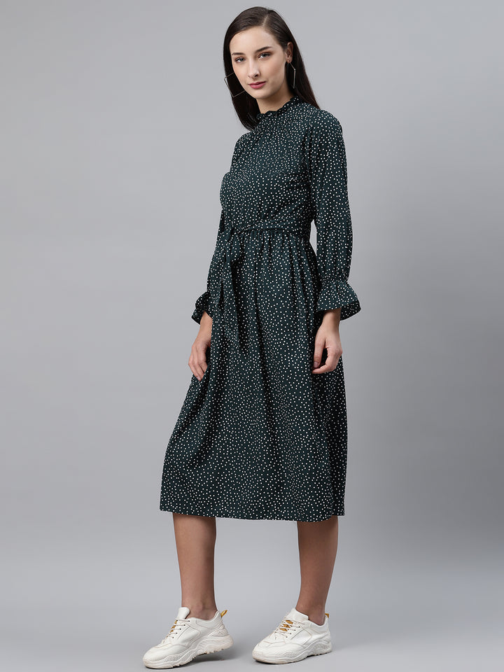 plusS Women Green  White Dotted Print A-Line Dress with Belt