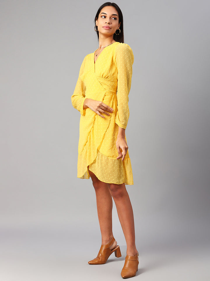 plusS Yellow Self Design Wrap Dress