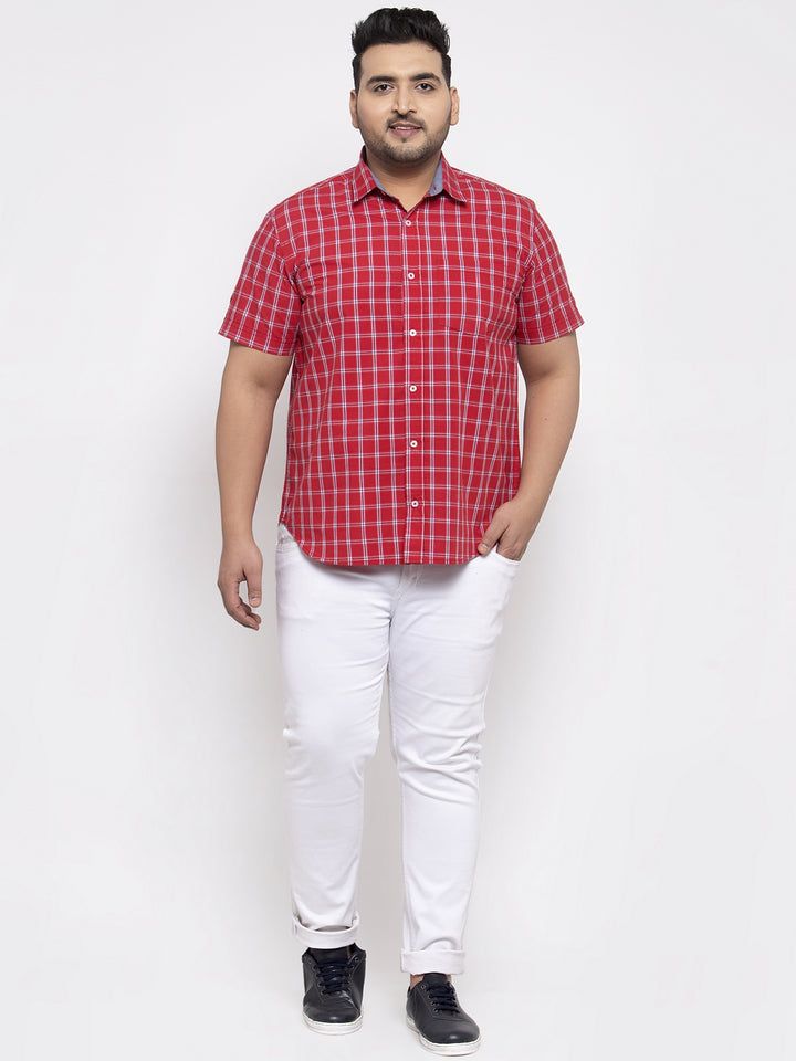 Men Red & White Regular Fit Checked Casual Shirt