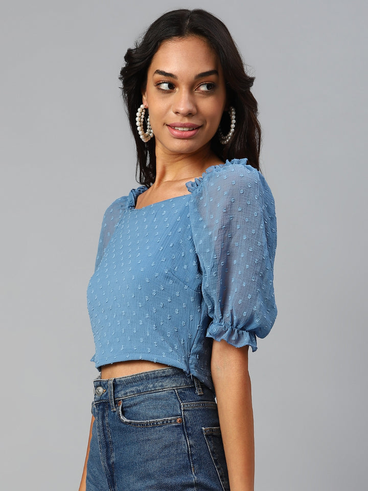 plusS Blue Self Design Puff Sleeves Crop Top