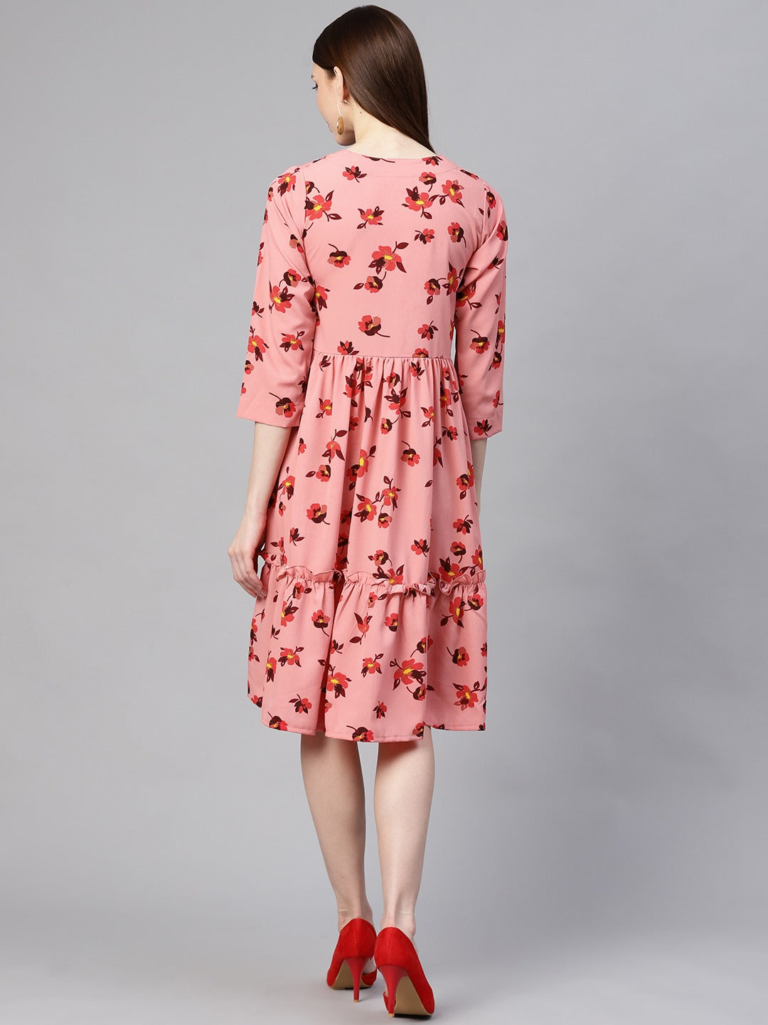 plusS Women Peach-Coloured  Red Floral Print Tiered A-Line Dress