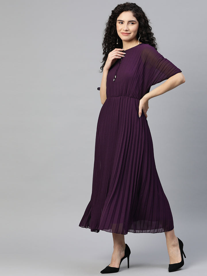 Tie-Up Neck A-Line Midi Dress