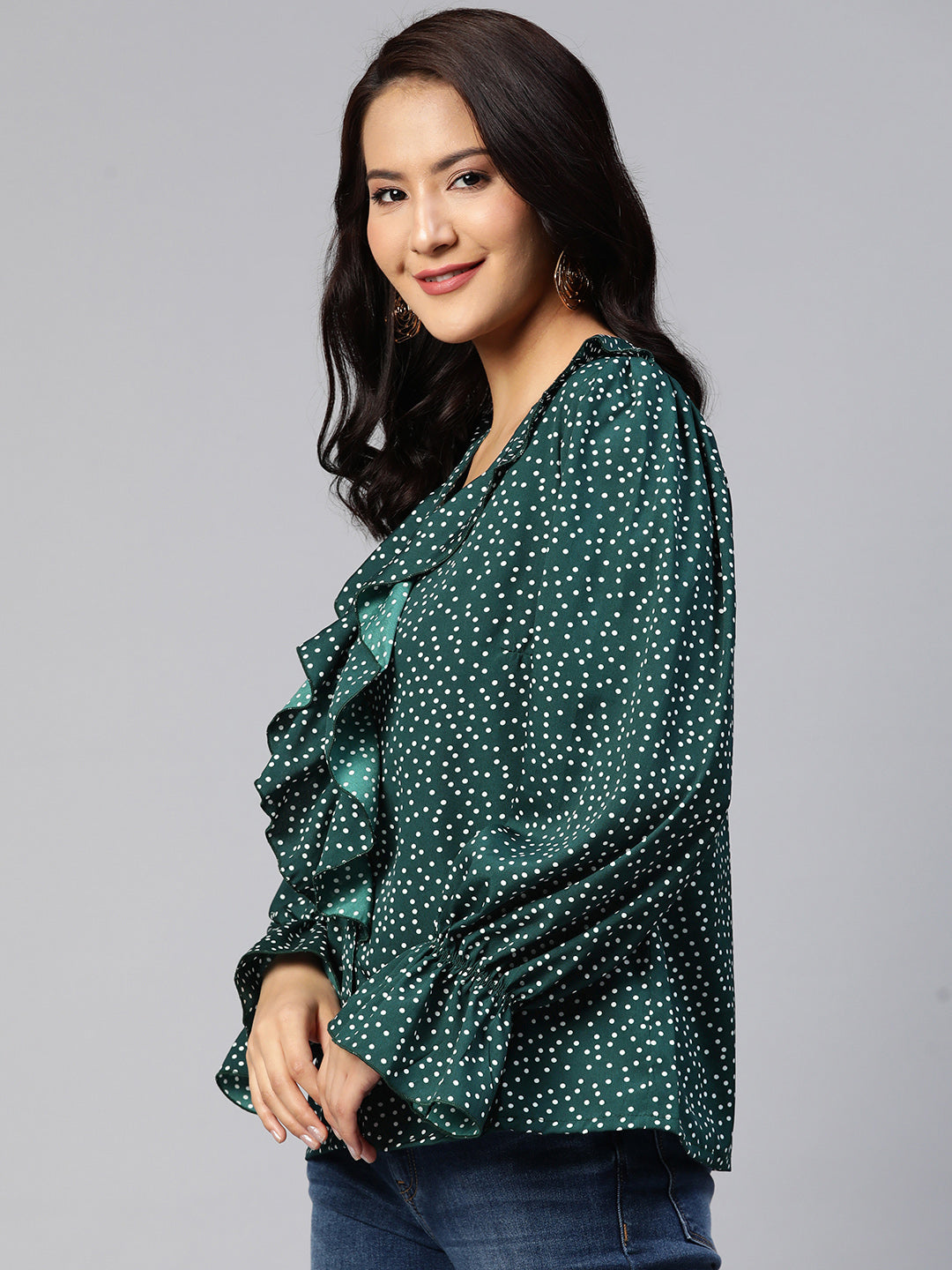 plusS Printed Bell Sleeves Ruffled Top