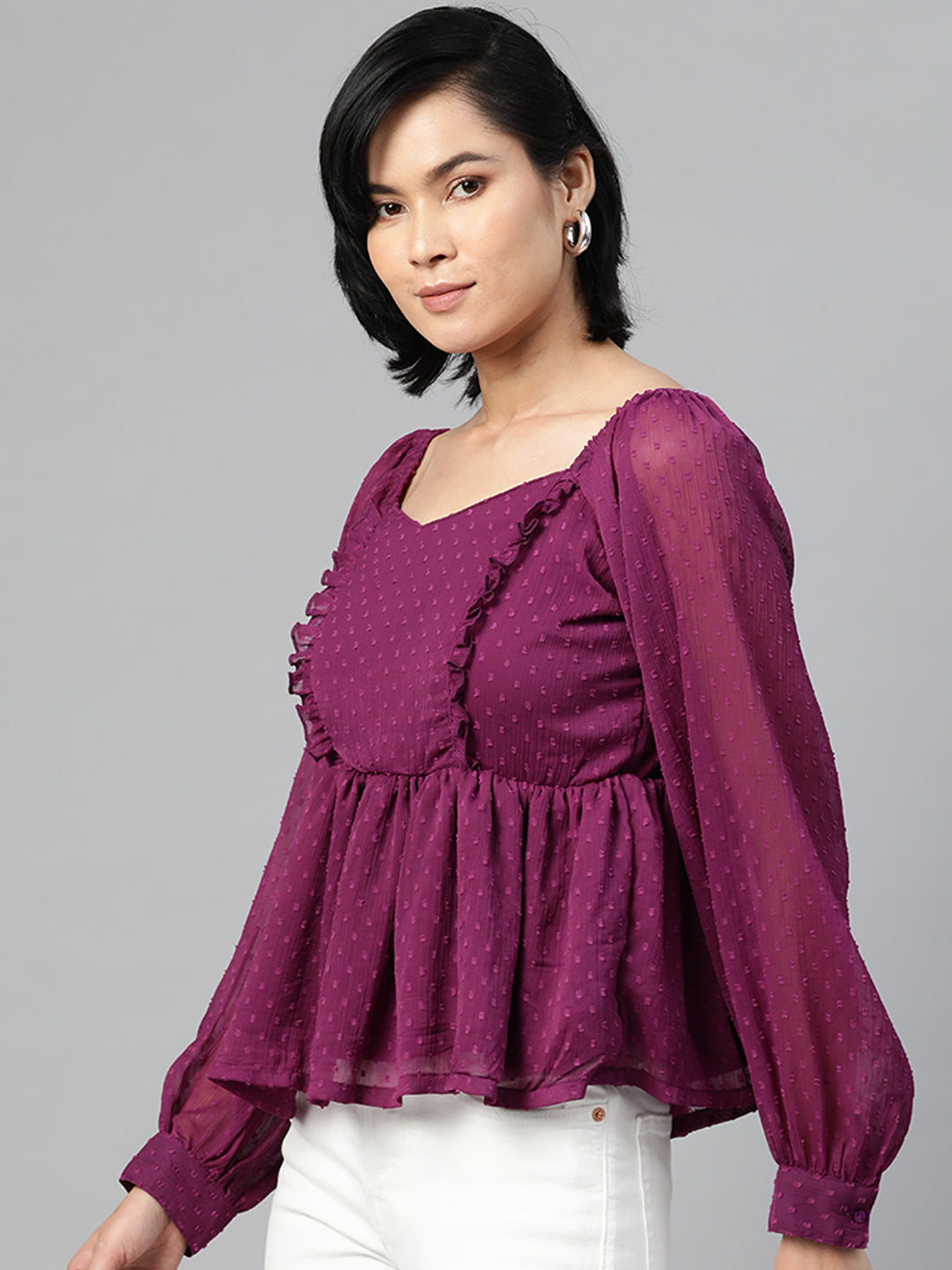 plusS Purple Sweetheart Neck Ruffles Cinched Waist Top