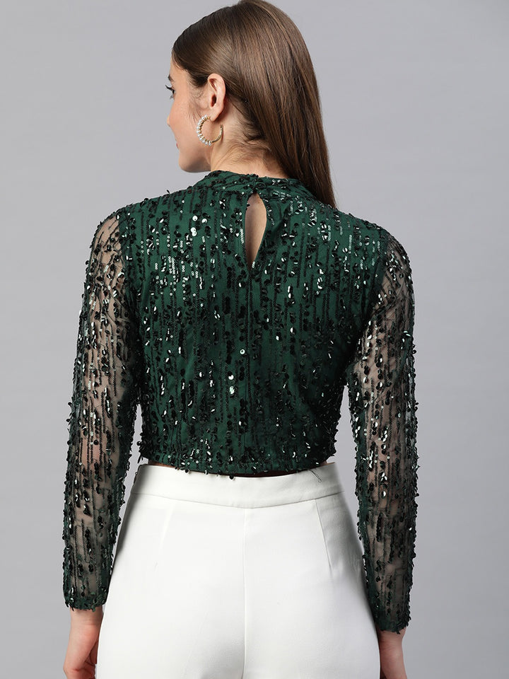 Teal-Green Embellished Mandarin Collar Top