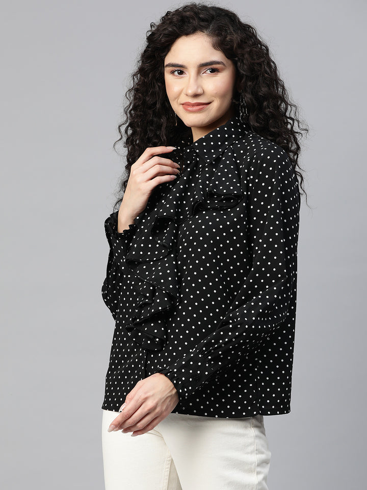 plusS Polka Dot Print Ruffles Shirt Style Top