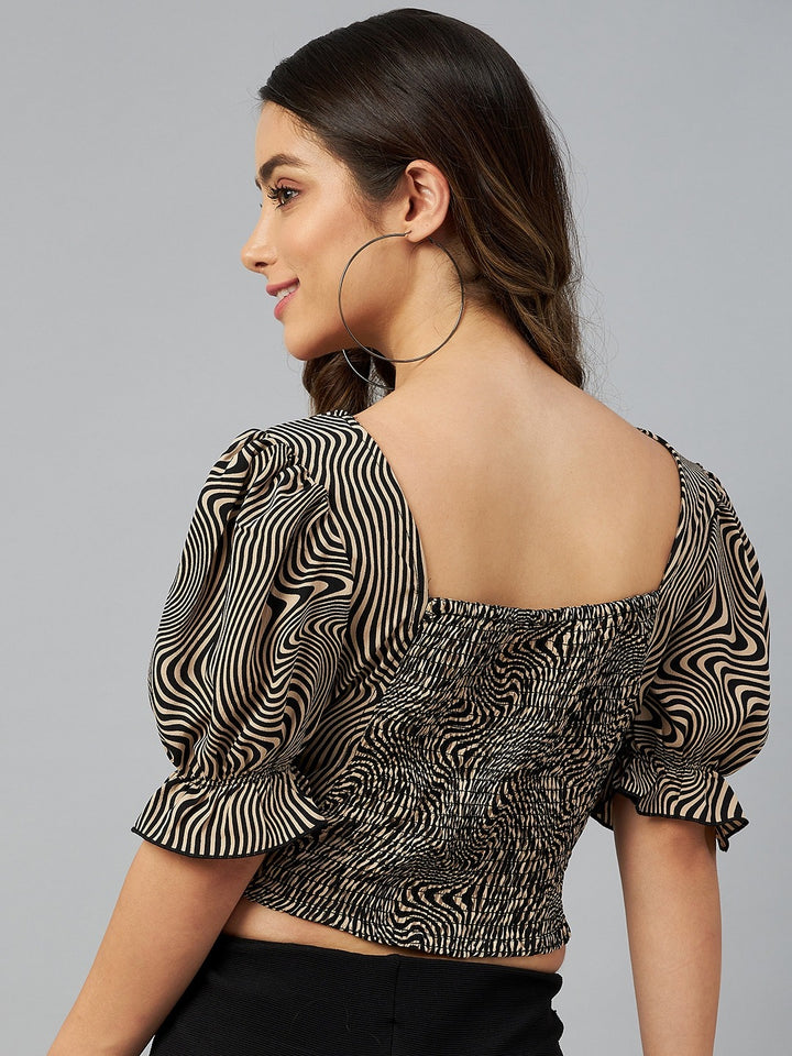 plusS Beige  Black Geometric Print Crop Top