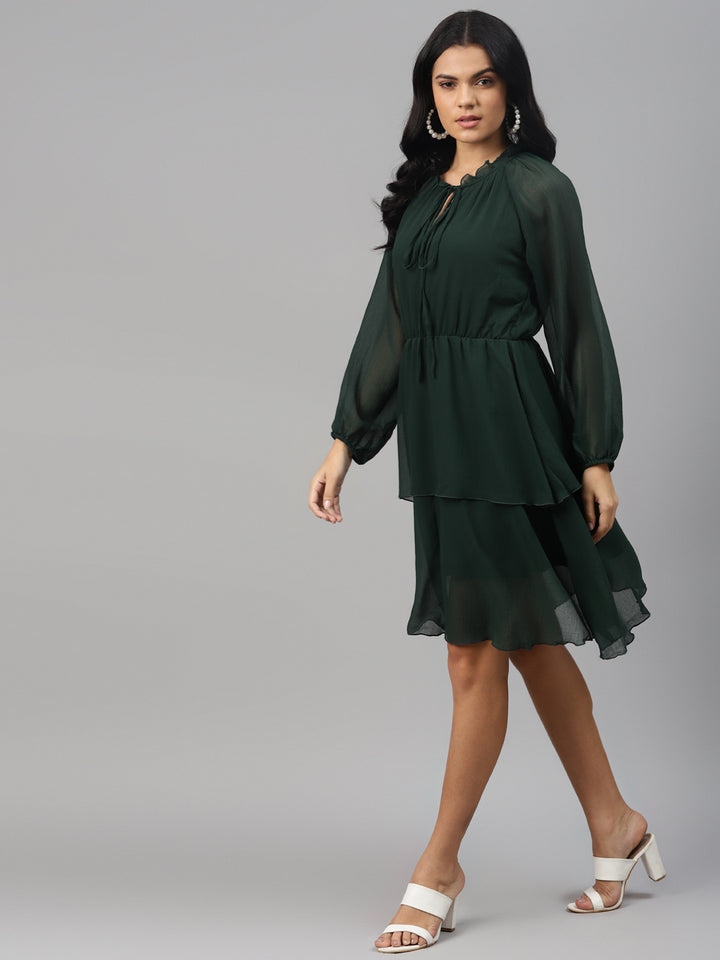 plusS Green Tie-Up Neck Layered A-Line Dress