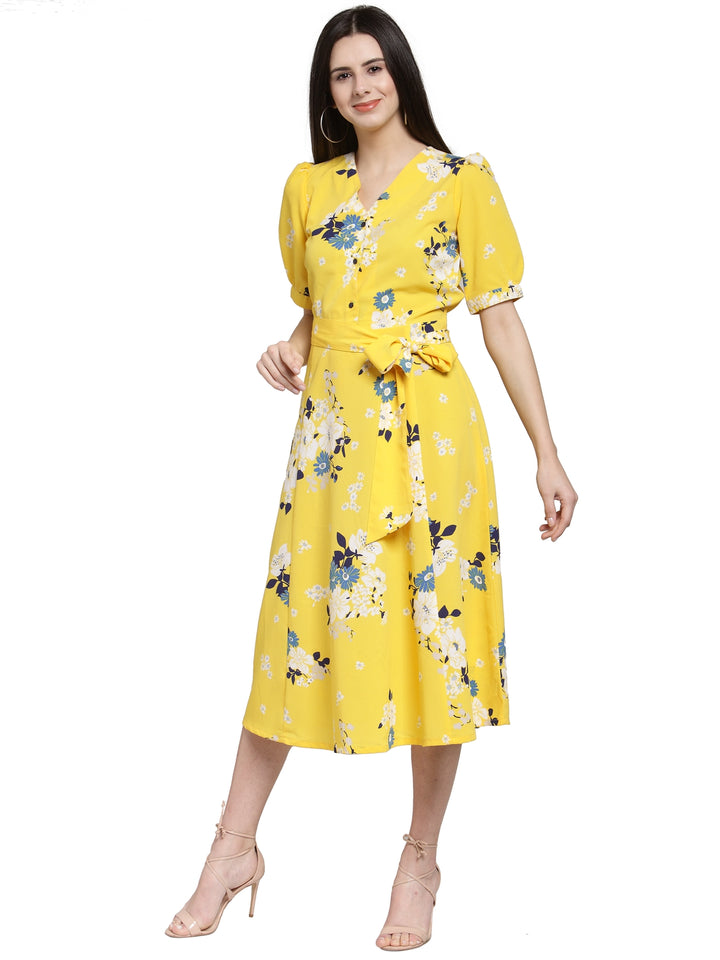 Yellow Floral Printed Fit and Flare Dress