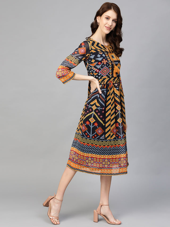 Navy Blue  Yellow Geometric Printed Midi A-Line Dress