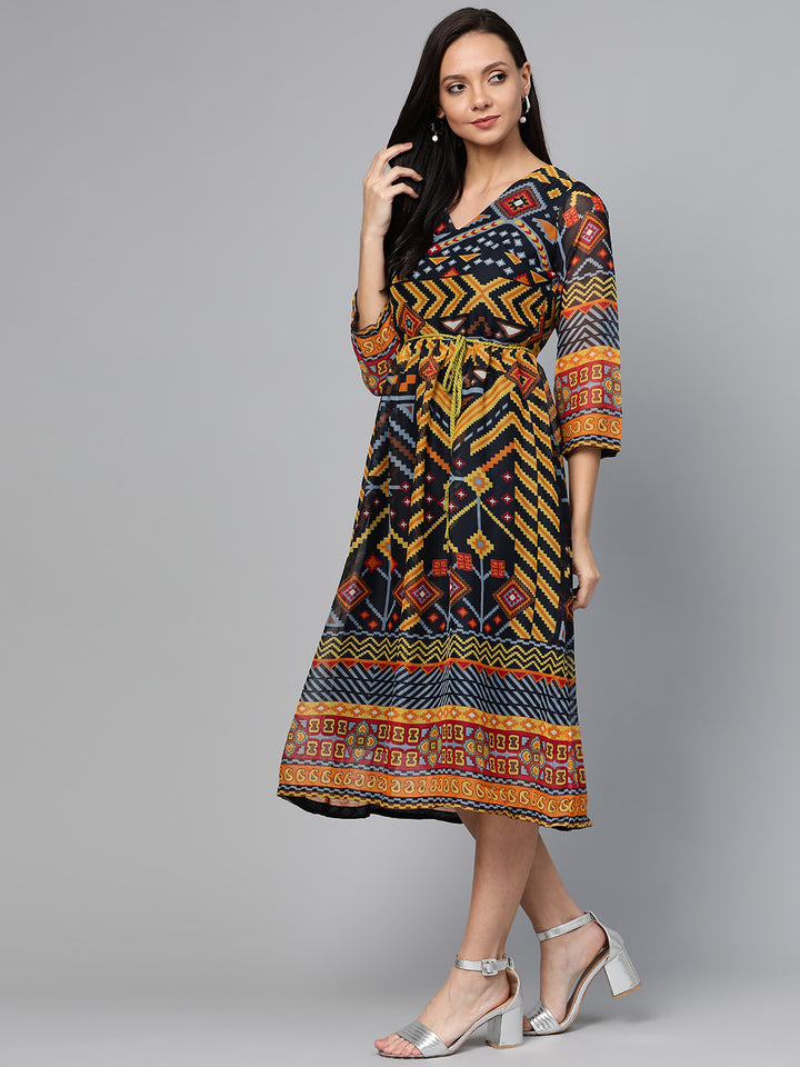 plusS Navy Blue  Mustard Yellow Geometric Printed A-Line Dress