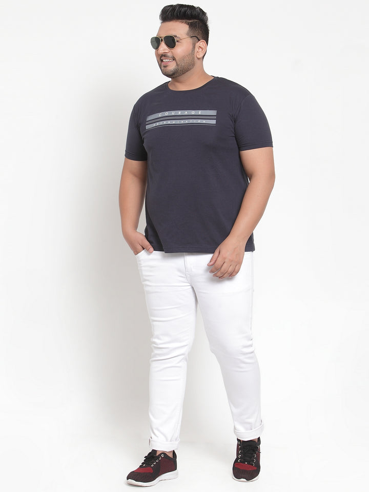 Men Navy Blue Printed Round Neck Pure Cotton T-shirt