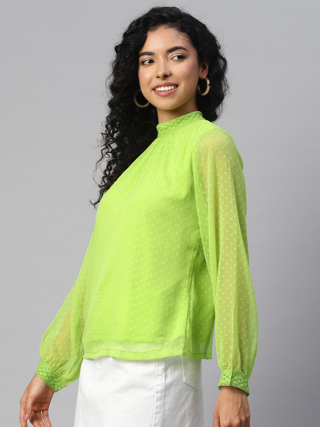 High Neck Puff Sleeves Georgette Top With Lace Inserts