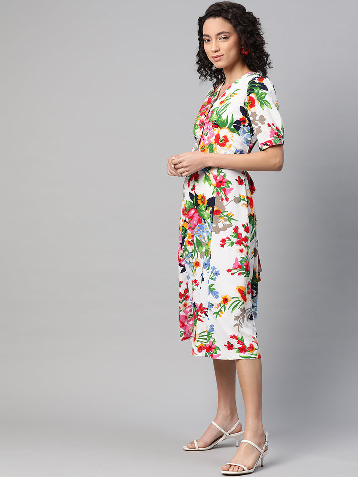 plusS Women White  Pink Floral Printed A-Line Dress