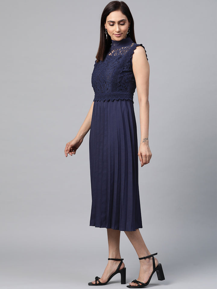 plusS Women Navy Blue Lace Detail Accordion Pleated A-Line Dress