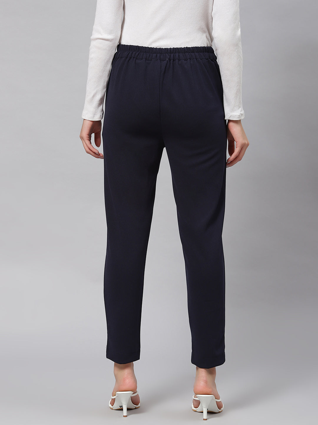 plusS Women Navy Blue Solid Mid-Rise Regular Fit Trousers