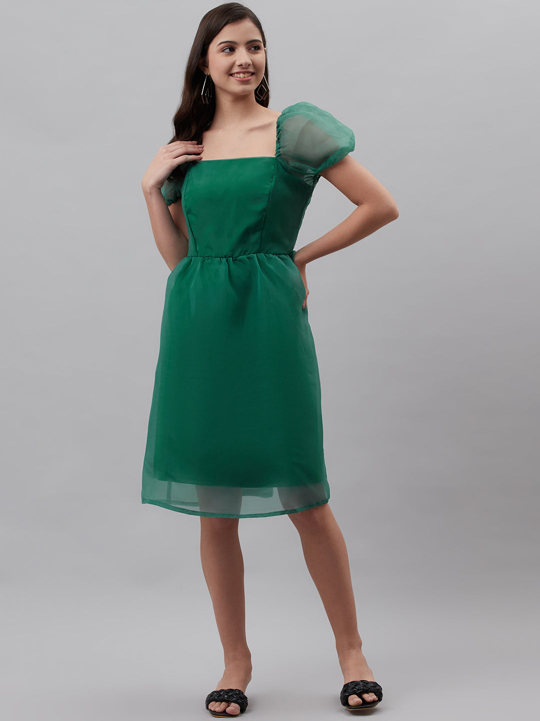 Green Solid A-Line Dress