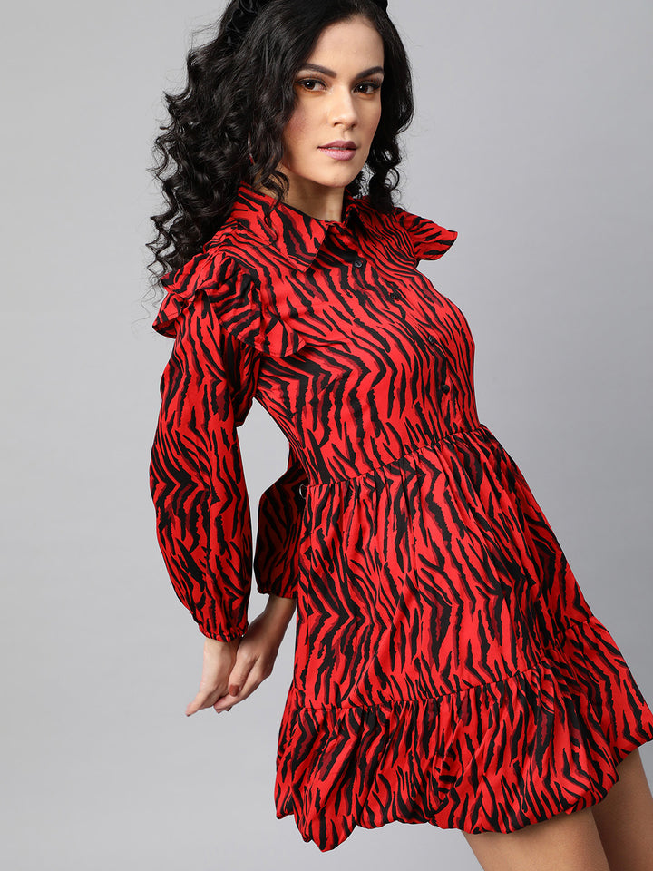 plusS Fiery Red and Black Animal Printed A-Line Dress