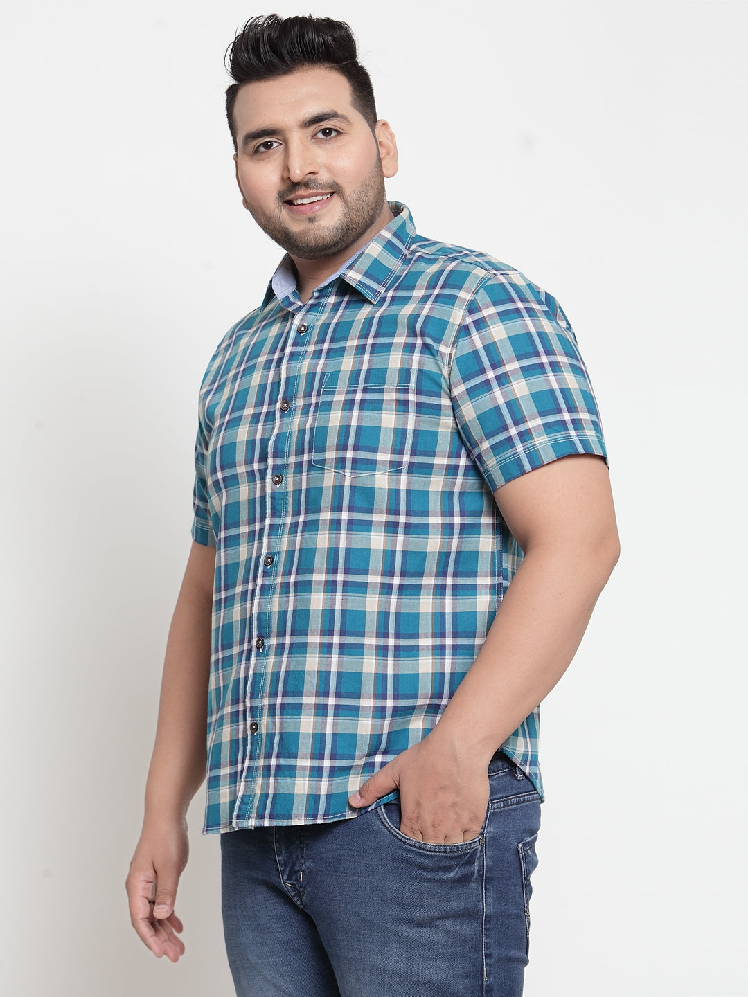 Men Blue & Cream-Coloured Regular Fit Checked Casual Shirt