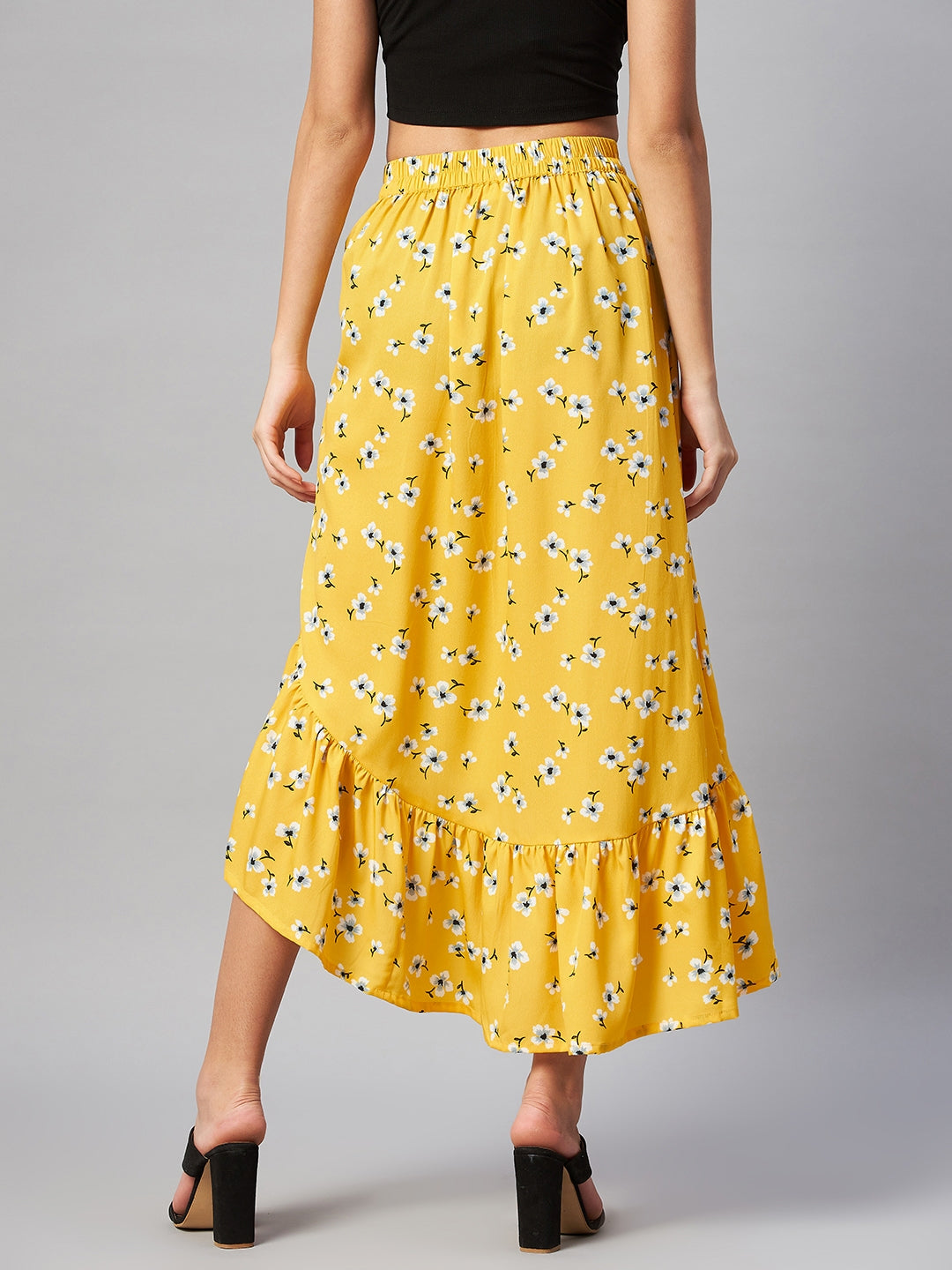 plusS Yellow  White Floral Printed Midi A-Line Skirt