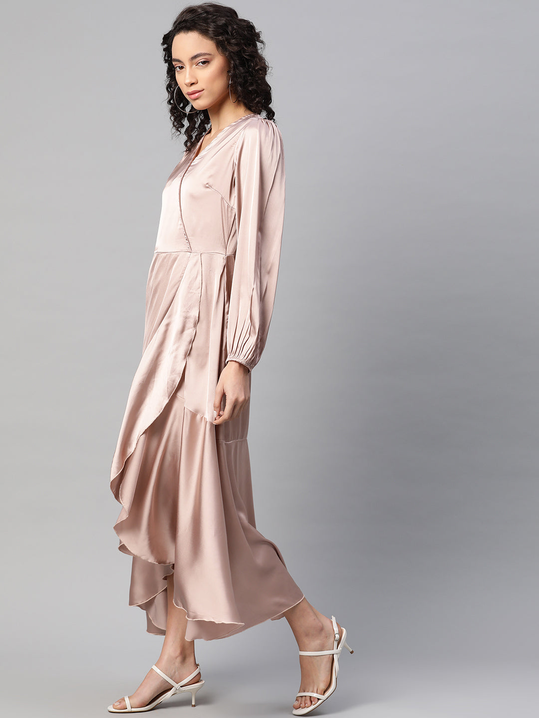 plusS Women Peach-Coloured Satin Finish Solid Maxi Wrap Dress