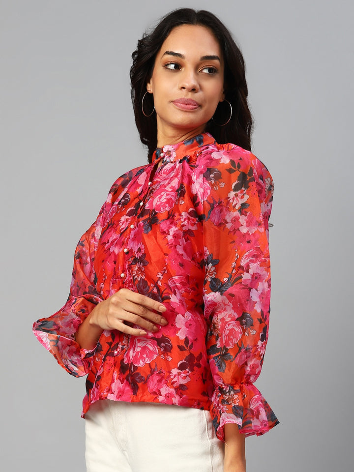 plusS Pink Floral Print Mandarin Collar Bell Sleeves Top