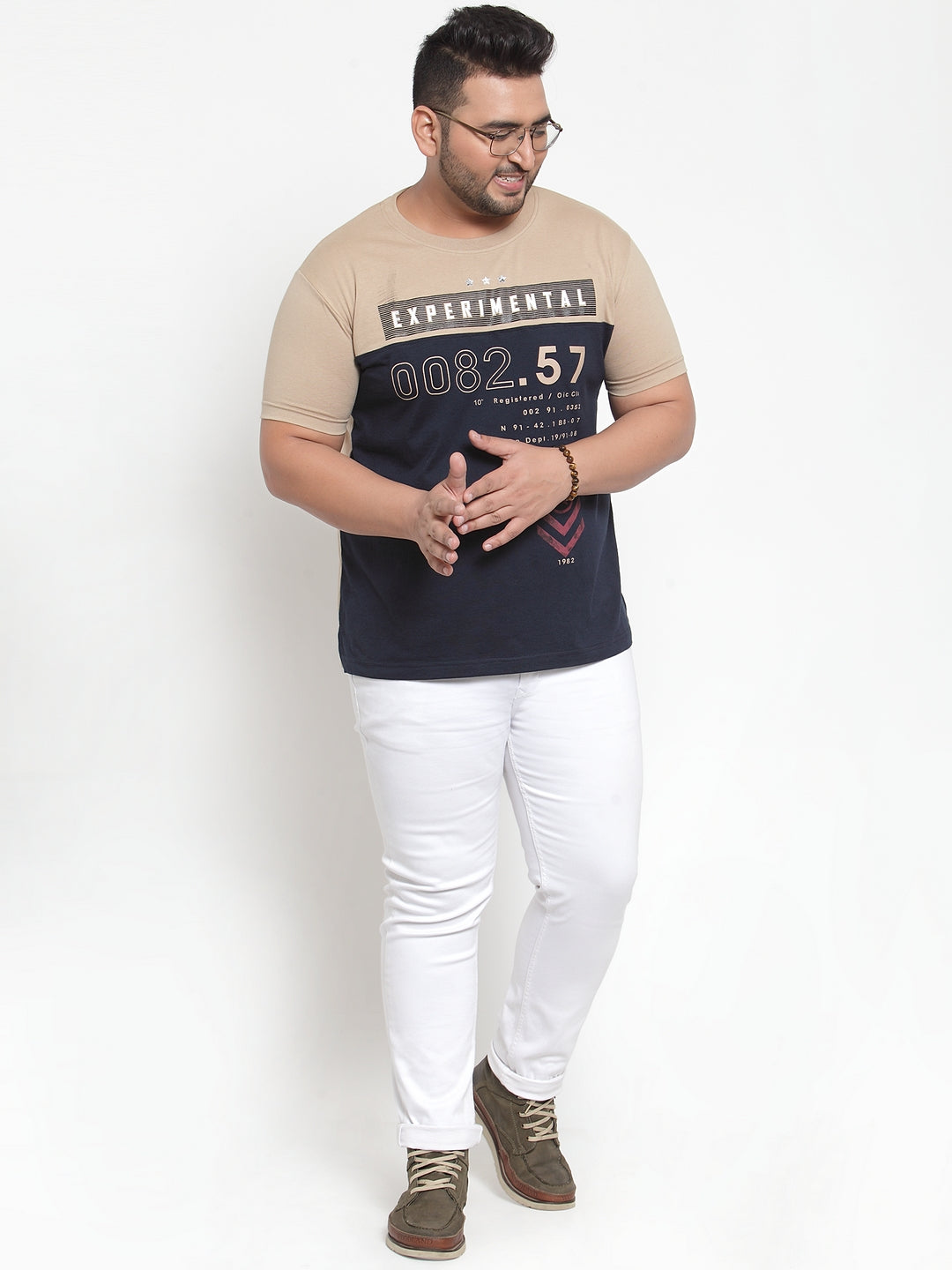 Men Beige Printed Round Neck Pure Cotton T-shirt