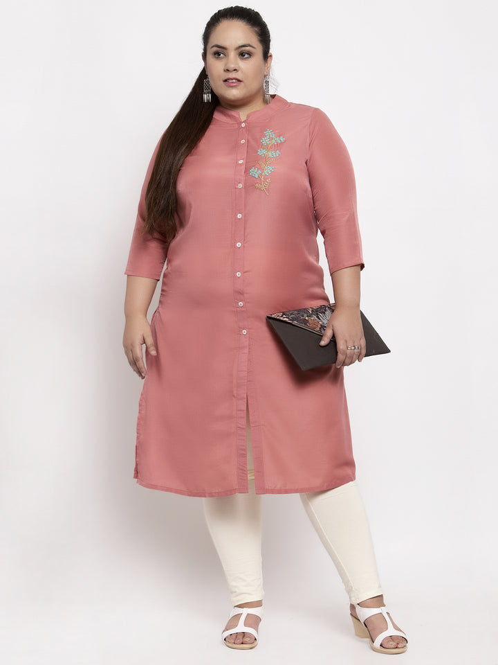 plusS Women Pink Embroidered Straight Kurta