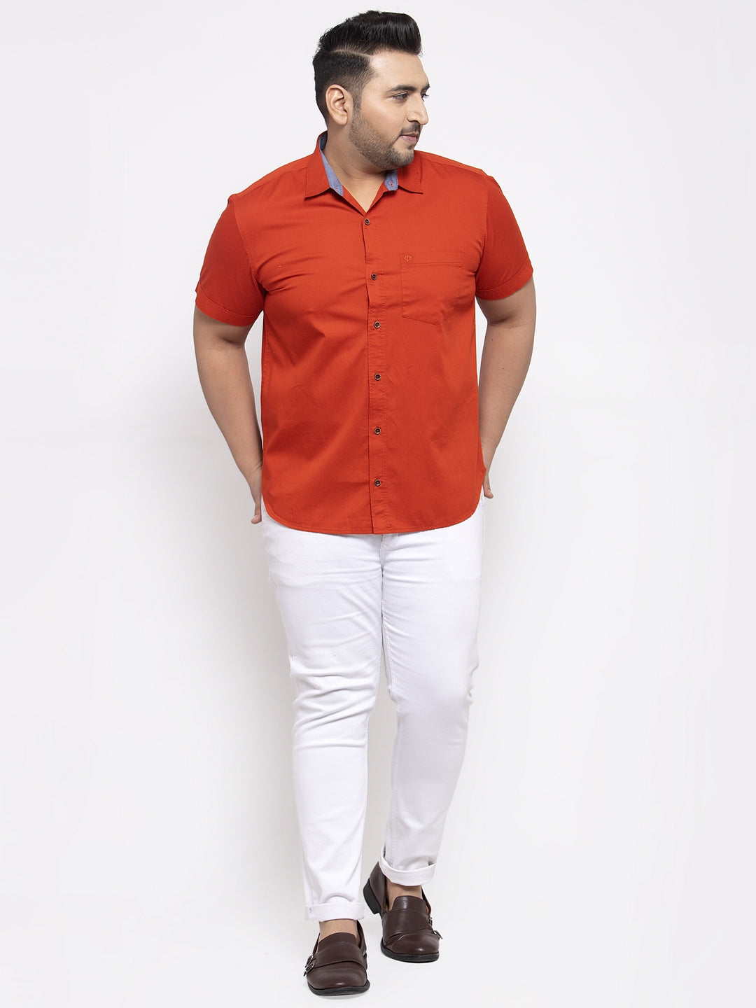 Men Rust Orange Regular Fit Solid Casual Shirt