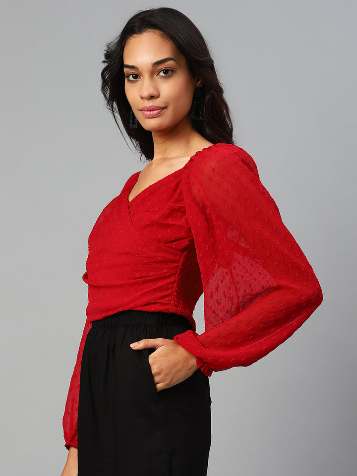 plusS Red Sweetheart Neck Smocked Wrap Top