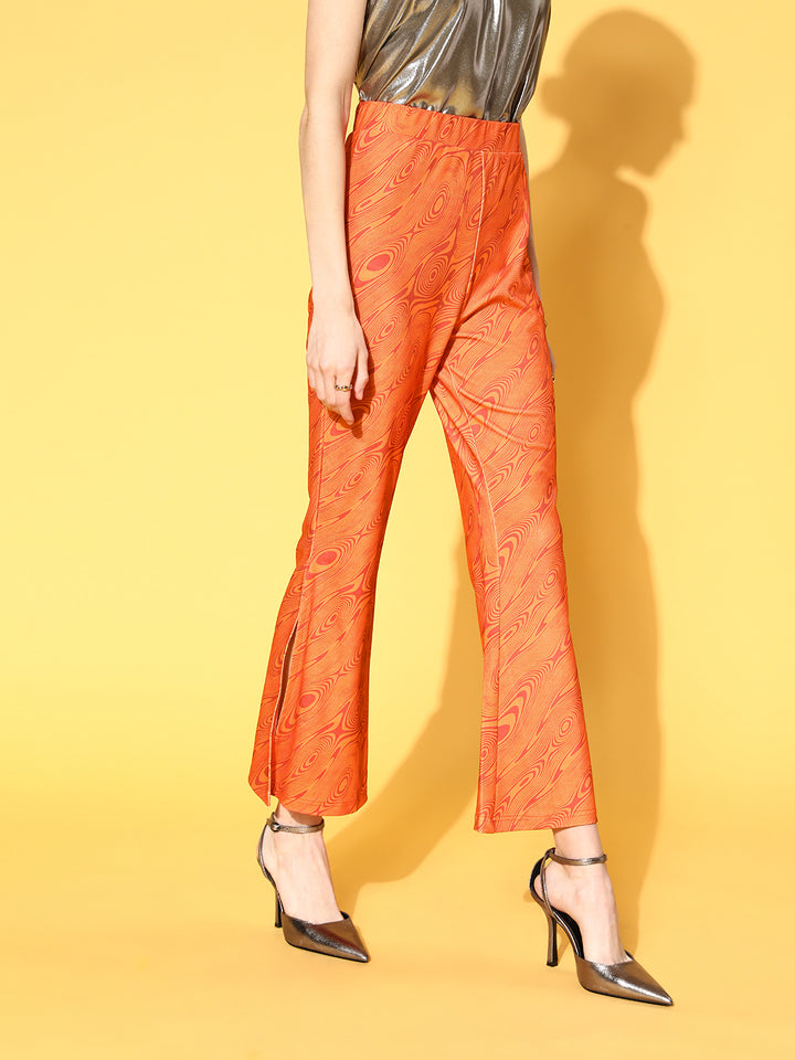 plusS Women Orange Abstract Print Side-Slit Trousers