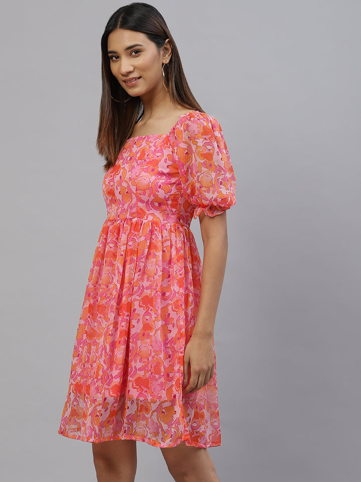 Pink Floral Print A-Line Dress